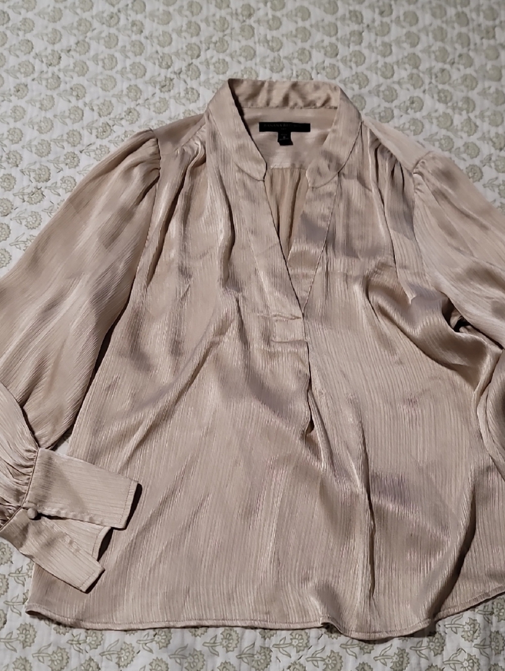 Banana Republic Pleated Satin V-Neck Blouse in Champagne Beige